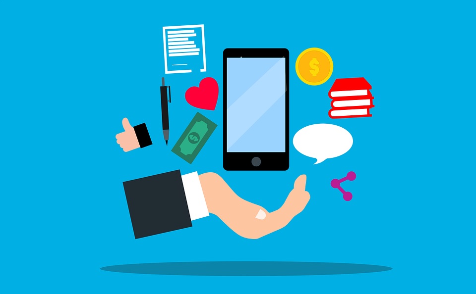 A vector image of a phone, lists, hearts, and money oover a blue background - customer experience strategy with CRM
