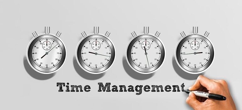 An illustration of 4 stopwatches that reads "time management".