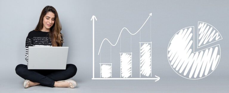 A girl holding a laptop and sitting next to a success chart showing good numbers, symbolizing the importance of CRM for eCommerce businesses and how it can help company growth.