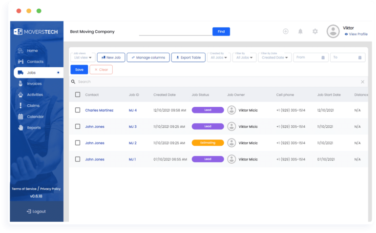 MoversTech jobs dashbord